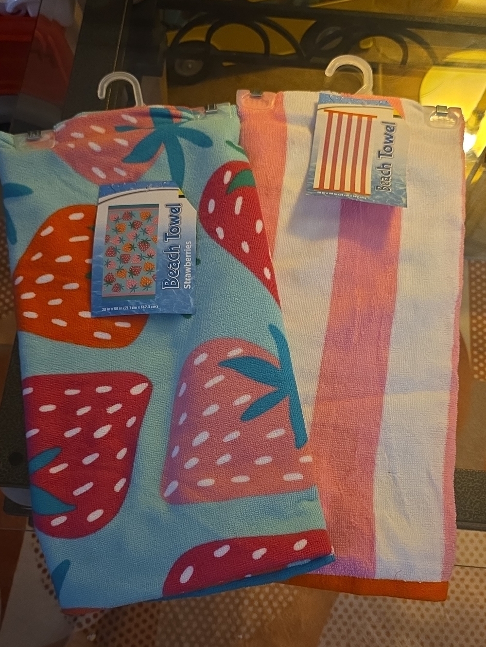 Strawberry Print & Pink Stripe Beach Towels - Aqua, Red, Pink